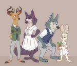  2020 anthro antlers barefoot beastars brown_background brown_body brown_fur canid canine canis clothed clothing crossed_arms disney dress eye_contact female fully_clothed fur grey_body grey_fur group haru_(beastars) holding_object horn juno_(beastars) lagomorph legoshi_(beastars) leporid looking_at_another louis_(beastars) male mammal nivarra plant potted_plant rabbit simple_background standing style_parody white_body white_fur wolf zootopia 