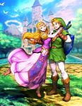  1boy 1girl bird blonde_hair boots dress earrings fingerless_gloves gate genzoman gloves green_headwear jewelry link long_hair looking_at_another looking_at_viewer master_sword mountain pantyhose path pink_dress pointy_ears princess_zelda shield temple the_legend_of_zelda the_legend_of_zelda:_ocarina_of_time tree triforce water white_legwear 