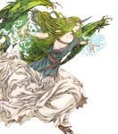  1girl belt bracelet circlet dragon_tail dress fire_emblem fire_emblem_echoes:_shadows_of_valentia fire_emblem_heroes full_body green_eyes green_hair hair_ornament highres horn jewelry long_hair mila_(fire_emblem) nail_polish official_art pointy_ears sandals solo tail teeth transparent_background very_long_hair wings yamada_akihiro 