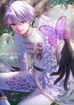  1boy absurdres belt black_gloves bug butterfly dated day gloves happy_birthday highres idolish_7 ikurikaito insect looking_at_viewer male_focus osaka_sougo outdoors pants purple_butterfly purple_eyes sitting smile solo white_hair white_pants 