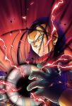  1boy android android_17 bandana black_hair blue_eyes card dragon_ball dragon_ball_gt electricity energy_ball evil evil_grin evil_smile gloves grin hair_slicked_back hell_fighter_17 lightning long_hair male_focus maxiuchiha22 neckerchief no_eyebrows orb portrait red_background red_lightning robot simple_background smile solo super_android_17 vest 