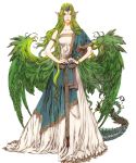  1girl belt bracelet circlet dragon_tail dress fire_emblem fire_emblem_echoes:_shadows_of_valentia fire_emblem_heroes full_body green_eyes green_hair hair_ornament highres horn jewelry long_hair mila_(fire_emblem) nail_polish official_art pointy_ears sandals solo tail transparent_background very_long_hair wings yamada_akihiro 