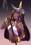  1girl absurdres animal_ears bangs bare_shoulders belly_chain bracelet breasts dark_skin earrings egyptian egyptian_clothes facepaint facial_mark fate/grand_order fate_(series) gradient gradient_background grey_background hair_tubes hairband halter_top halterneck highres hoop_earrings jackal_ears jewelry looking_at_viewer medium_breasts nitocris_(fate/grand_order) open_mouth purple_eyes purple_hair sidelocks staff usekh_collar vantsuki 