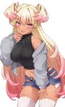  1girl :d bare_shoulders black_shirt blonde_hair breasts cowboy_shot crop_top denim denim_shorts exposed_pocket fang gradient_hair grey_jacket halterneck hand_up highleg highres jacket large_breasts long_hair looking_at_viewer midriff mio_(mgr300) multicolored_hair navel off_shoulder open_clothes open_jacket open_mouth original pink_eyes ribbed_shirt shirt short_shorts shorts skindentation sleeveless sleeveless_shirt smile solo thighhighs thighs torn_clothes torn_shorts two_side_up very_long_hair white_legwear 