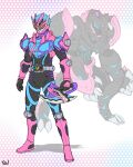  2boys adapted_costume advent_deck alternate_costume armor axe black_armor blue_armor boots compound_eyes contract_monster dinosaur gauntlets highres holding holding_weapon kamen_rider kamen_rider_revi kamen_rider_revice kamen_rider_ryuki_(series) kamen_rider_vice male_focus monster multiple_boys pink_armor pink_footwear rider_belt sharp_teeth teeth to_ze tyrannosaurus_rex v_buckle weapon zoom_layer 