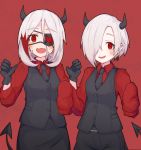  2girls :d alternate_eye_color alternate_hair_color black_gloves black_neckwear black_vest blush claw_pose collared_shirt cosplay demon_tail ear_piercing earrings eyebrows_visible_through_hair eyepatch fang gloves hair_over_one_eye hayasaka_mirei heart heart_eyepatch helltaker horns idolmaster idolmaster_cinderella_girls jewelry long_sleeves looking_at_viewer medium_hair multicolored_hair multiple_girls necktie open_mouth pery_lene piercing red_background red_eyes red_hair red_shirt shirasaka_koume shirt short_hair simple_background skin_fang sleeves_past_fingers sleeves_past_wrists smile streaked_hair tail two-tone_hair vest white_hair wing_collar 