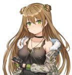  1girl aer7o bangs bare_shoulders black_choker black_gloves black_shirt blush bow breasts brown_hair camouflage_coat choker closed_mouth coat collarbone double_bun eyebrows_visible_through_hair fur-trimmed_coat fur_trim girls_frontline gloves green_bow green_eyes hair_bow highres holding jewelry long_hair long_sleeves looking_at_viewer medium_breasts necklace off_shoulder open_clothes open_coat rfb_(girls_frontline) shirt single_glove solo underwear very_long_hair 