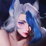  1girl animal_ears bare_shoulders blue_hair closed_mouth collarbone eyelashes hair_over_one_eye league_of_legends long_hair looking_at_viewer makeup mascara mole mole_under_eye multicolored_hair one_eye_covered portrait purple_eyes r.keensies red_lips sanpaku silver_hair simple_background smile solo streaked_hair two-tone_hair white_hair xayah 