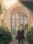  1girl arms_behind_back black_dress black_legwear boots dress fire_emblem fire_emblem:_three_houses flayn_(fire_emblem) flower garreg_mach_monastery_uniform green_eyes green_hair greenhouse hair_flower hair_ornament highres knee_boots long_hair long_sleeves looking_to_the_side pkurotein plant solo uniform window 