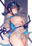  1girl bangs bare_shoulders black_hair blue_eyes blue_ribbon blush border breasts closed_mouth dress fate/requiem fate_(series) fundoshi gradient gradient_background grey_background highres japanese_clothes large_breasts long_sleeves looking_at_viewer magatama multicolored_hair obiwan pink_hair polearm puffy_long_sleeves puffy_sleeves ribbon short_dress sideboob sidelocks spear streaked_hair thighs utsumi_erise weapon white_border white_dress 