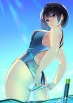  1girl absurdres adjusting_clothes adjusting_swimsuit ass black_hair blurry blush breasts commentary_request competition_swimsuit depth_of_field from_below highres kagematsuri looking_down one-piece_swimsuit original purple_eyes short_hair sideboob snorkel solo swimsuit twitter_username wading 