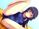  1girl bangs black_hair blue_eyes blue_swimsuit blunt_bangs blush breasts cameltoe collarbone commentary_request covered_nipples ears eyelashes fingernails gokou_ruri highres leg_hold light_frown long_hair looking_at_viewer mole mole_under_eye nike_(0306) ore_no_imouto_ga_konna_ni_kawaii_wake_ga_nai school_swimsuit shaded_face shiny shiny_skin skin_tight small_breasts solo spread_legs swimsuit 