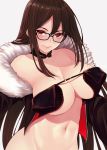  1girl bangs bare_shoulders black-framed_eyewear black_dress blush breasts brown_hair center_opening choker cleavage cocq_taichou collarbone commentary consort_yu_(fate) dress earrings fate/grand_order fate_(series) fur-trimmed_jacket fur_trim glasses jacket jewelry large_breasts long_hair long_sleeves looking_at_viewer multiple_earrings navel red_eyes revealing_clothes ribbon-trimmed_dress simple_background smile solo very_long_hair white_background 