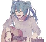  1girl acoustic_guitar blue_hair bracelet closed_eyes commentary_request grey_shirt guitar hatsune_miku instrument jewelry kobaji long_hair music necklace open_mouth playing_instrument shirt solo star_(symbol) star_necklace twintails upper_body vocaloid white_background 