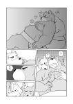  2013 anthro belly canid canine canis comic domestic_dog duo eyes_closed grope hi_res hug hugging_from_behind japanese_text kemono male male/male mammal moobs nipples overweight overweight_male sitting sumo text toshi_(artist) ursid 