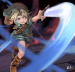  1boy absurdres action artist_request belt blonde_hair blue_eyes hat highres incoming_attack indoors link male_focus master_sword pointy_ears shield solo super_smash_bros. sword textless the_legend_of_zelda weapon young_link 