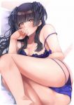  1girl absurdres ass bangs bare_legs barefoot black_hair blue_bow blue_bra blue_panties blunt_bangs blush bow bow_panties bra bra_slip bra_strap breast_press breasts cameltoe collarbone embarrassed eyebrows_visible_through_hair floral_print hand_on_own_chin highres huge_filesize idolmaster idolmaster_shiny_colors long_hair lying mayuzumi_fuyuko medium_breasts multiple_straps on_bed on_side panties solo tutinako underwear yellow_eyes 