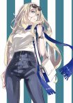  1girl bag blonde_hair blue_eyes blue_scarf breasts closed_mouth commentary_request contemporary denim eyewear_on_head from_below hair_between_eyes high-waist_pants highres jeans jewelry kantai_collection long_hair looking_at_viewer medium_breasts nail_polish necklace pants richelieu_(kantai_collection) ring scarf shoulder_bag simple_background solo striped striped_background sugue_tettou vertical_stripes watch wristwatch 