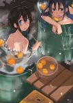  2girls ahoge bathing blue_eyes blue_hair braid brown_hair bucket commentary_request drum_(container) drum_bath food fruit green_eyes hair_flaps hair_over_shoulder highres kantai_collection long_hair multiple_girls nude orange partially_submerged shigure_(kantai_collection) shoulder_blades snowing steam sugue_tettou suzukaze_(kantai_collection) water wooden_bucket yuzu_(fruit) yuzu_bath 