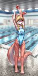  1:2 2020 absurd_res accessory anthro blue_eyes canid canine clothing female fox french_braid fur hair_accessory hairband hi_res lena_(nebula1701) mammal mykegreywolf one-piece_swimsuit open_mouth pigtails signature solo stretching swimming_pool swimwear water 