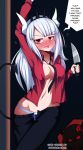  blush breasts clothing demon dialogue drunk english_text hair helltaker hi_res horn horned_humanoid humanoid izuthree knife long_hair looking_at_viewer lucifer_(helltaker) navel not_furry red_eyes spade_tail standing substance_intoxication text underwear white_hair 