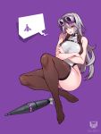  1girl aa-7_impet bangs black_legwear chest_strap crossed_arms goggles goggles_on_head hair_between_eyes last_origin leotard long_hair looking_at_viewer purple_background red_eyes rocket silver_hair simple_background smile solo thighhighs toriseru_(thesuperhero) 