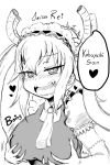  1girl absurdres artist_name breast_grab breasts dragon dragon_girl dragon_horns elbow_gloves english_text fangs gloves grabbing greyscale heart highres horns horns_through_headwear jaisen_rei kobayashi-san_chi_no_maidragon long_hair maid maid_headdress monochrome necktie puffy_short_sleeves puffy_sleeves short_sleeves slit_pupils speech_bubble spoken_heart tooru_(maidragon) 