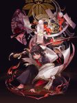  1girl artist_name bangs black_gloves black_hair black_nails callarinc commentary_request dark_background eyebrows_visible_through_hair gloves highres holding holding_weapon horns japanese_clothes katana long_sleeves looking_at_viewer onmyoji onmyouji pointy_ears ponytail red_eyes red_horns ribbon sandals skull smile solo sword weapon white_ribbon 