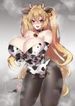  1girl absurdres alternate_costume animal_costume animal_ears animal_print anne_bonny_(fate/grand_order) bell bell_collar black_legwear blonde_hair blush breasts collar cow_bell cow_costume cow_ears cow_girl cow_horns cow_print cow_tail cowboy_shot elbow_gloves fate/grand_order fate_(series) gloves highleg highleg_leotard highres horns huge_breasts kobo_(cobo_0609) leotard long_hair nose_blush pantyhose print_leotard red_eyes solo standing strapless strapless_leotard tail white_gloves white_leotard 