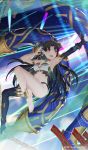  1girl anklet armlet armpits asymmetrical_legwear asymmetrical_sleeves bangs bare_shoulders barefoot bikini black_hair blush breasts bridal_gauntlets cleavage detached_sleeves dmith earrings fate/grand_order fate_(series) feet gold_trim heavenly_boat_maanna highres hoop_earrings ishtar_(fate)_(all) ishtar_(fate/grand_order) jewelry long_hair looking_to_the_side medium_breasts mismatched_bikini navel neck_ring open_mouth outstretched_arm parted_bangs red_eyes single_detached_sleeve single_thighhigh smile swimsuit thighhighs tiara two_side_up weapon 