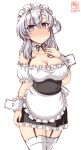  1girl alternate_costume apron artist_logo black_skirt blouse blush commentary_request cowboy_shot dated detached_sleeves enmaided frilled_apron frilled_blouse frilled_skirt frills garter_straps grey_eyes highres kanon_(kurogane_knights) kantai_collection long_hair looking_at_viewer maid maid_headdress nose_blush one_side_up silver_hair simple_background skirt solo suzutsuki_(kantai_collection) thighhighs waist_apron white_apron white_background white_blouse white_legwear wrist_cuffs 