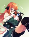  :3 :d ahoge animal_ear_fluff bangs behind-the-head_headphones black-framed_eyewear blue_eyes blush boots brown_eyes byoru cowboy_shot fangs fur-trimmed_jacket fur_trim gradient gradient_background green_background green_jacket headphones highres jacket long_hair morgana_(persona_5) open_mouth orange_hair pawpads persona persona_5 sakura_futaba simple_background smile star_(symbol) stuffed_animal stuffed_toy thighhighs white_background 