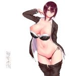  1girl black_bra black_jacket black_panties black_pants bra bra_removed breasts breasts_outside brown_hair closed_mouth collarbone commentary_request glasses hair_between_eyes hand_up jacket large_breasts navel nipples open_clothes open_jacket original panties pants pants_removed shu-mai sidelocks standing stomach thighs underwear 