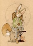  anthro barefoot brown_hair canid canine clothed clothing cup dhstein ear_piercing english_text eyes_closed female fennec fox fully_clothed fur furniture hair mammal piercing simple_background solo steam table tan_background tan_body tan_fur text white_body white_fur 