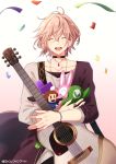  1boy ^_^ ^o^ acoustic_guitar ahoge black_choker bracelet brown_hair choker closed_eyes collarbone commentary_request confetti earrings eyebrows_visible_through_hair guitar hair_between_eyes happy hat holding holding_hat holding_instrument holding_stuffed_toy holostars instrument jewelry luigi male_focus mario_(series) necklace nyokkiiiiin open_mouth rikka_(holostars) ring round_teeth shirt simple_background smile solo stuffed_toy sweater teeth tetris upper_body virtual_youtuber 