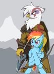  anthro arrow atreus_(god_of_war) avian axe bow_(weapon) droll3 duo equid equine female friendship_is_magic gilda_(mlp) god_of_war god_of_war_4 gryphon hand_on_shoulder hi_res horse kratos_(god_of_war) mammal melee_weapon my_little_pony mythological_avian mythology pegasus pony rainbow_dash_(mlp) ranged_weapon shoulder_guards sony_corporation sony_interactive_entertainment tattoo video_games weapon wings 