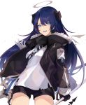  1girl :d arknights bangs black_gloves black_jacket black_shorts blue_eyes blue_hair breasts commentary cowboy_shot fur-trimmed_jacket fur_trim gloves hair_between_eyes halo hand_up highres holding horns jacket long_hair long_sleeves looking_at_viewer mostima_(arknights) open_mouth saibe shirt short_shorts shorts simple_background small_breasts smile solo standing very_long_hair white_background white_gloves white_shirt 