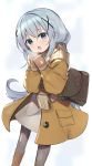  1girl bag bangs blue_eyes blush boots breathing_on_hands brown_coat brown_footwear brown_mittens brown_scarf chestnut_mouth coat commentary_request dress eyebrows_visible_through_hair fringe_trim gochuumon_wa_usagi_desu_ka? grey_legwear hair_between_eyes hair_ornament hands_up highres houjichaoic kafuu_chino long_hair long_sleeves looking_at_viewer mittens open_clothes open_coat open_mouth pantyhose puffy_long_sleeves puffy_sleeves scarf silver_hair solo very_long_hair white_dress x_hair_ornament 