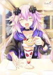  1girl adult_neptune artist_name binato_lulu black_choker blush breasts choker cleavage closed_eyes d-pad d-pad_hair_ornament dating eating eyebrows_visible_through_hair hair_ornament long_hair neptune_(series) purple_eyes purple_hair shin_jigen_game_neptune_vii smile solo sparkle very_long_hair 