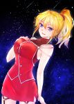  1girl blonde_hair blue_eyes breasts excellen_browning eyebrows_visible_through_hair hand_on_own_chest highres large_breasts looking_at_viewer looking_down pencil_skirt skirt solo super_robot_wars super_robot_wars_original_generation thigh_strap turtleneck violetto-181 