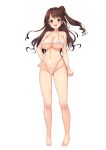 1girl :d bangs barefoot bikini breasts brown_eyes brown_hair collarbone commentary_request ears eyebrows_visible_through_hair feet full_body highres idolmaster idolmaster_cinderella_girls knees large_breasts long_hair looking_at_viewer micro_bikini nakasima-syouta navel open_mouth shimamura_uzuki shiny shiny_hair simple_background smile solo swimsuit toes tongue upper_teeth white_background white_bikini 