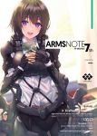  arms_note blouse blush book brown_hair commentary_request copyright_name curtains exoskeleton fukai_ryousuke gloves gun highres holding holding_book holstered_weapon indoors medium_hair purple_eyes rifle smile tosho_iinchou_(fukai_ryousuke) weapon white_blouse window 