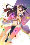  1girl anklet armlet armpits arms_behind_head arms_up asymmetrical_legwear asymmetrical_sleeves bangs bare_shoulders barefoot bikini black_hair breasts cleavage closed_mouth detached_sleeves earrings fate/grand_order fate_(series) feet full_body gem gold_trim gradient_sky highres hoop_earrings ishtar_(fate)_(all) ishtar_(fate/grand_order) jewelry large_breasts legs long_hair looking_at_viewer navel neck_ring orange_sky parted_bangs pelvic_curtain purple_sky red_eyes single_detached_sleeve single_thighhigh sky smile sparkle star_(sky) starry_sky swimsuit t_bone_(06tbone) thighhighs tiara twilight two_side_up white_bikini 