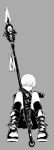  1boy boots gloves grey_background greyscale holding holding_spear holding_weapon male_focus monochrome mz nier_(series) nier_automata parted_lips polearm shorts simple_background sitting socks solo spear weapon yorha_no._9_type_s 