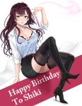  1girl ahoge bangs belt black_bra black_footwear black_skirt blue_eyes blush boots bra breasts brown_hair character_name cleavage closed_mouth collarbone collared_shirt dress_shirt earrings happy_birthday high_heel_boots high_heels highres ichinose_shiki idolmaster idolmaster_cinderella_girls jewelry large_breasts legs long_hair looking_at_viewer miniskirt pencil_skirt shirt shogun_(a96040021) sitting skirt sleeves_rolled_up smile test_tube thigh_boots thighhighs thighhighs_under_boots tongue tongue_out underwear wavy_hair white_shirt 