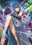  1girl alternate_costume crossed_legs crown dress fan gen_5_pokemon highres looking_at_viewer natsume_(pokemon) novelia open_mouth poke_ball pokemon pokemon_(game) pokemon_bw2 purple_hair red_eyes sitting smile solo woobat 