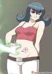  1girl black_hair breasts cleavage english_commentary groin gym_leader hands long_hair looking_at_viewer natsume_(pokemon) navel navellunatic pokemon pokemon_(game) pokemon_hgss red_eyes simple_background smile 
