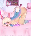  2020 anal anal_masturbation anal_penetration anthro bed blonde_hair blush bodily_fluids drooling furniture genitals girly hair hi_res hybrid male masturbation masturbation_toy penetration penis saliva skye solo spots stripes teddy_bear toy 