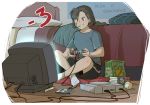  1girl bandage_on_face baseball bed black_shorts blue_shirt brown_eyes brown_hair character_request controller copyright_name crossed_legs eyebrows_visible_through_hair food game_console game_controller grin indoors kiss_it_goodbye looking_away parted_lips pillow playstation pocky shirt short_hair short_sleeves shorts sitting smile socks solo teeth television ticcy white_legwear 