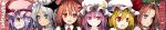  6+girls :/ :d absurdres bangs bat_wings beret blue_eyes blue_hair blunt_bangs blush bow braid bright_pupils copyright_name crescent crescent_moon_pin expressionless eyebrows_visible_through_hair fang flandre_scarlet futatsuki_eru gradient gradient_background grin hair_between_eyes hat hat_bow head_wings highres hong_meiling izayoi_sakuya koakuma long_hair long_image looking_at_viewer looking_to_the_side maid maid_headdress mob_cap multiple_girls necktie open_mouth patchouli_knowledge pointy_ears purple_eyes purple_hair red_eyes red_neckwear remilia_scarlet short_hair sidelocks silver_hair simple_background skin_fang slit_pupils smile star_(symbol) the_embodiment_of_scarlet_devil touhou twin_braids upper_body vest white_pupils wide_image wings 